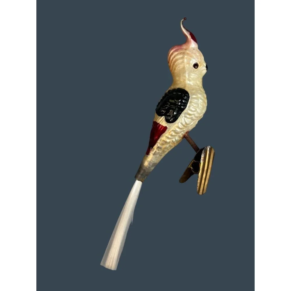 Vintage German Glass Cockatiel Clip Bird Ornament Spun Glass Tail Rare 6" - Picture 2 of 11